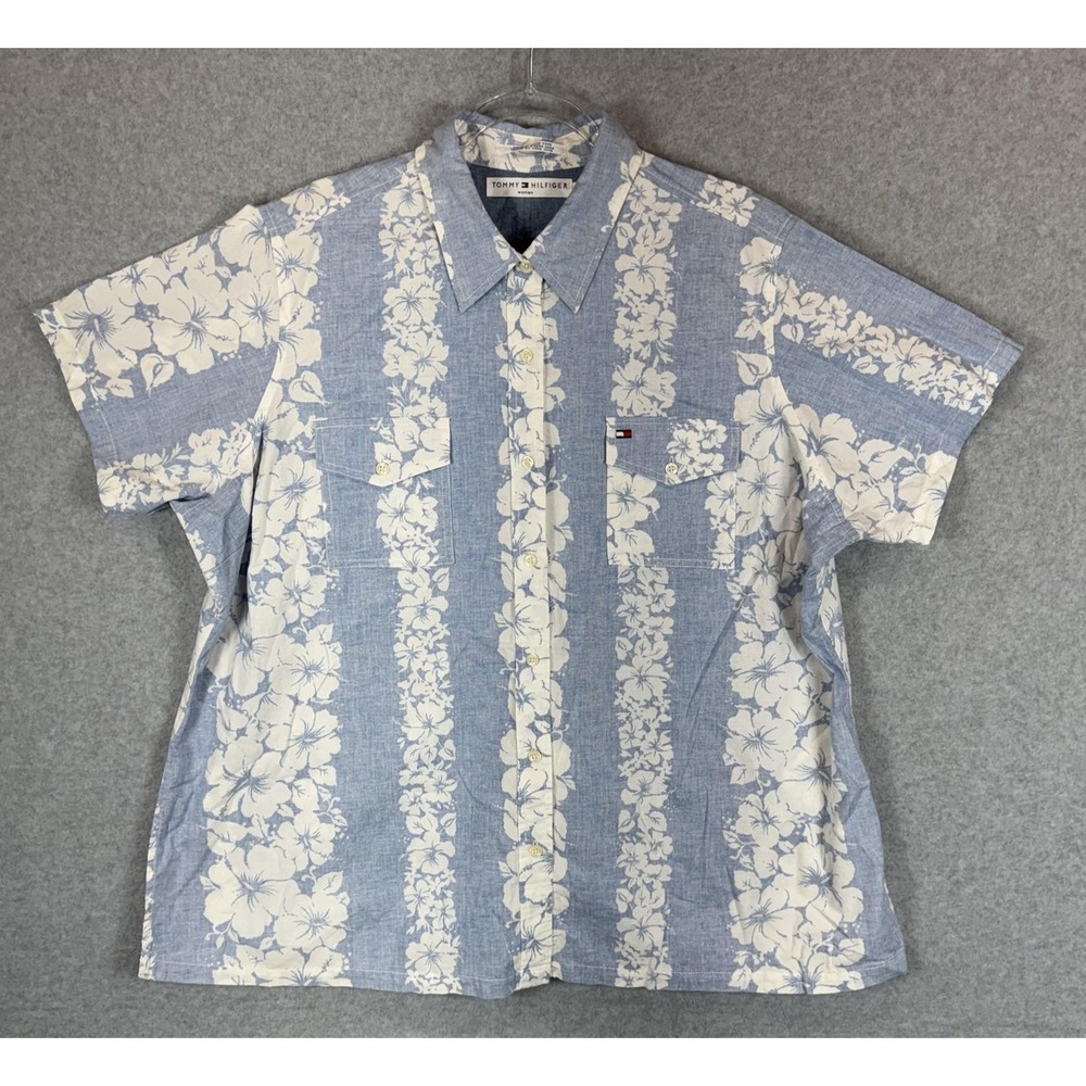 Vintage Tommy Hilfiger Shirt Womens 22 Blue White Floral Hawaiian Button Up 90s